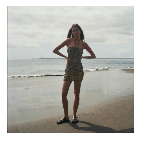 Zara Floral Mini Dress Large Ruched Bodycon Halter Sweetheart Paisley Print - Picture 8 of 14